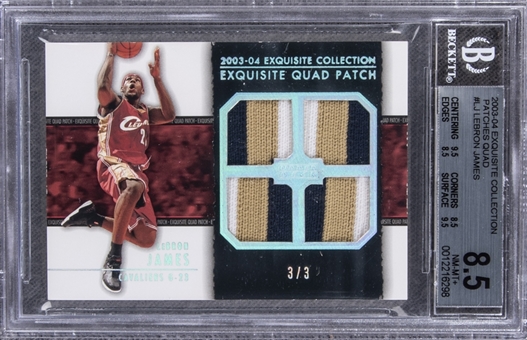 2003-04 UD "Exquisite Collection" Exquisite Quad Patch #E4P-LJ LeBron James Game Used Patch Rookie Card (#3/3) – BGS NM-MT+ 8.5